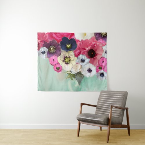 WHITE PINK ROSES ANEMONE FLOWERS TEAL AQUA BLUE TAPESTRY