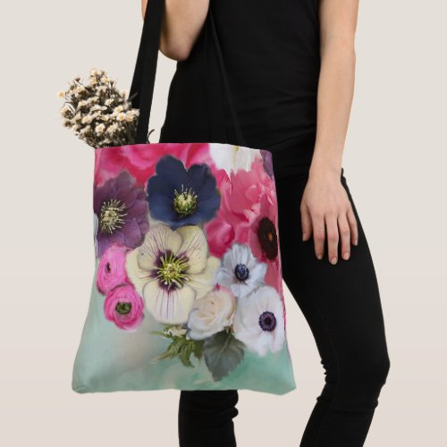 WHITE PINK ROSES ANEMONE FLOWERS TEAL AQUA BLUE TOTE BAG