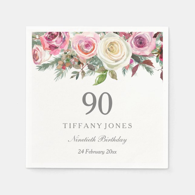White & Pink Roses Elegant Custom 90th Birthday Napkins (Front)