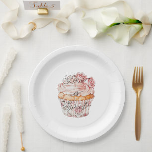 White Pink Roses Floral Cupcake Bridal Shower Paper Plates