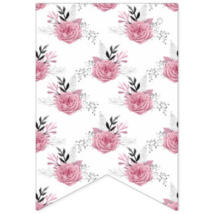 White Pink Roses Leaves Spring Vibes Easter Garden Bunting Flags