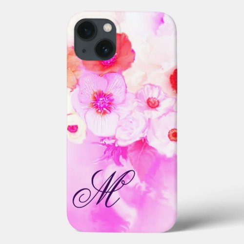 WHITE PINK ROSES RED ANEMONE FLOWERS MONOGRAM iPhone 13 CASE