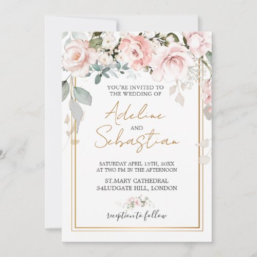 White Pink Roses Wedding  Invitation