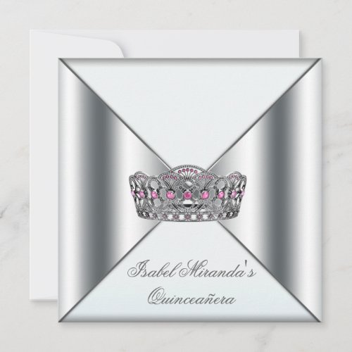 White Pink Silver Tiara Quinceanera 15th Party Custom Invitation