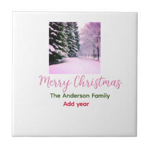 White pink snow merry Christmas add family name da Ceramic Tile