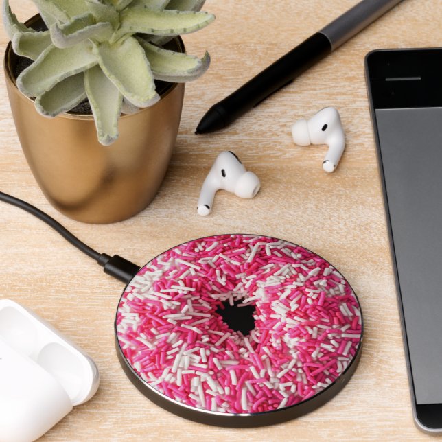 White Pink Sprinkles Donut Wireless Charger (Desk 2)