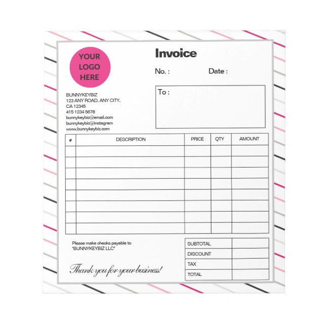 White Pink Stripes Company Business Shop Invoice Notepad (Front)