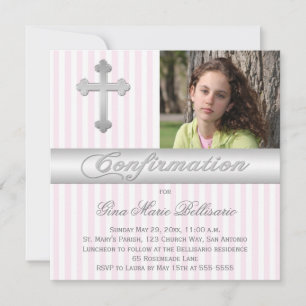White, Pink Stripes Confirmation Photo Invitation