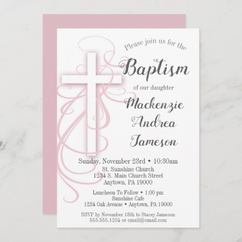 White Pink Swirl Cross Baptism Invitation Girls