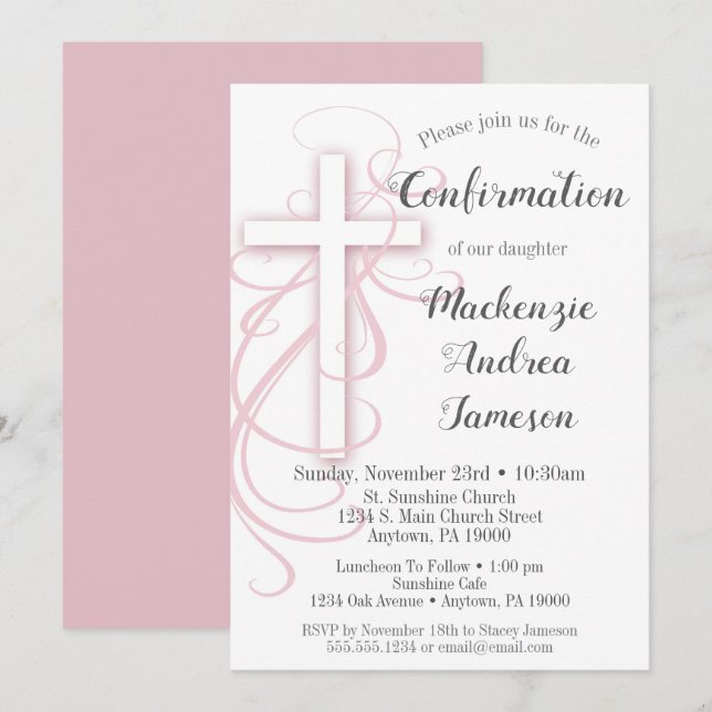 White Pink Swirl Cross Confirmation Invitation (Front/Back)