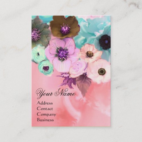 WHITE PINK TEAL ROSES AND ANEMONE FLOWERS MONOGRAM BUSINESS CARD