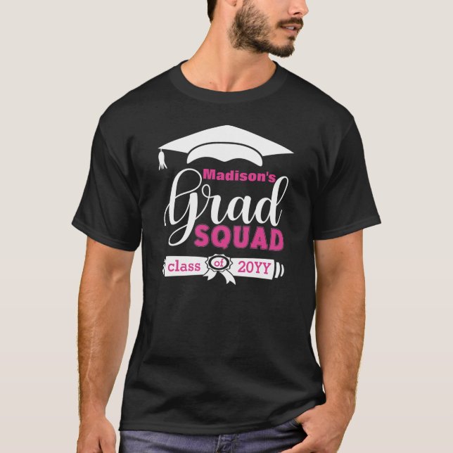 White & Pink Text Custom Mens Black Grad Squad T-Shirt (Front)
