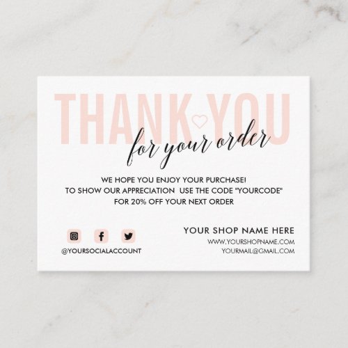 WHITE PINK THANK YOU FOR YOUR ORDER SOCIAL ENCLOSURE CARD