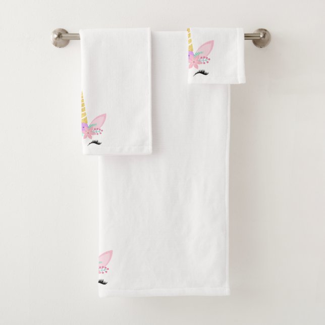 WHITE PINK UNICORN BATHROOM TOWEL SET (Insitu)
