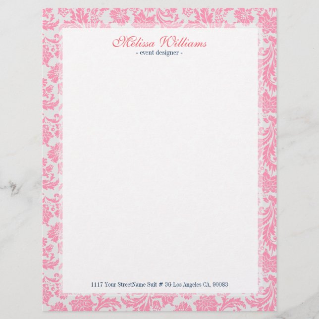 White  & Pink Vintage Damasks Pattern Letterhead (Front)