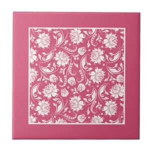 White & Pink Vintage Floral Damasks Tile