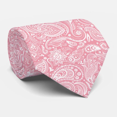 White  Pink Vintage Paisley Pattern Tie
