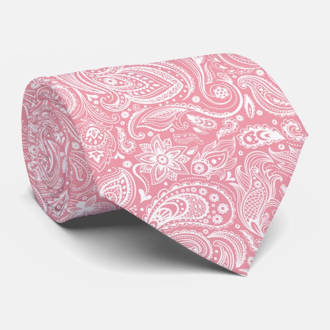 White & Pink Vintage Paisley Pattern Tie (Rolled)