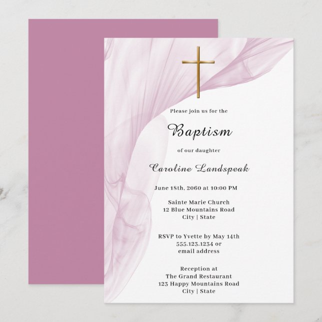 White, Pink Voile & Gold Cross Baptism Invitation (Front/Back)