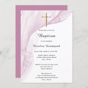White, Pink Voile & Gold Cross Baptism Invitation