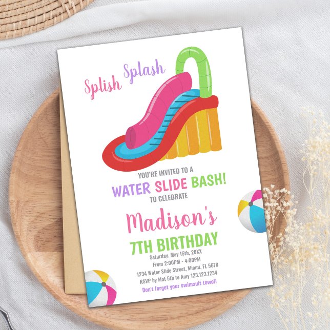 White Pink Water Slide Birthday Invitations (White Pink Water Slide Birthday Invitations)