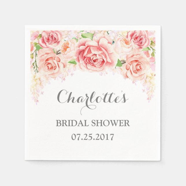 White Pink Watercolor Floral Bridal Shower Napkins (Front)