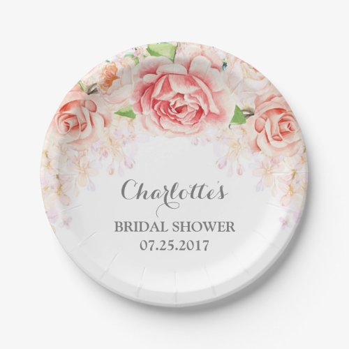 White Pink Watercolor Floral Bridal Shower Paper Plates