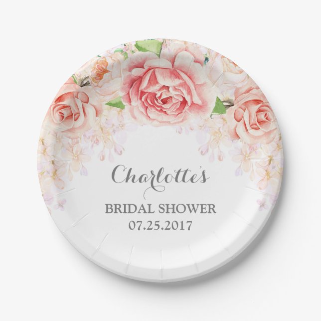 White Pink Watercolor Floral Bridal Shower Paper Plates (Front)