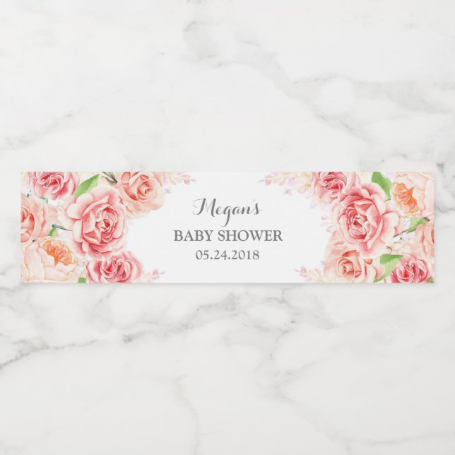 White Pink Watercolor Flowers Baby Shower Water Bottle Label (Single Label)
