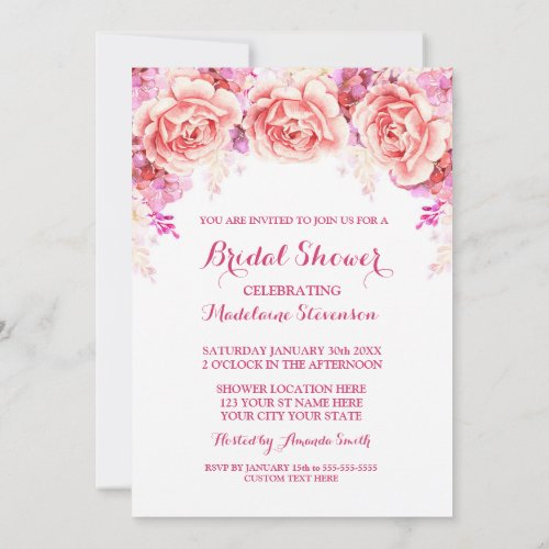 White Pink Watercolor Flowers Bridal Shower Invite