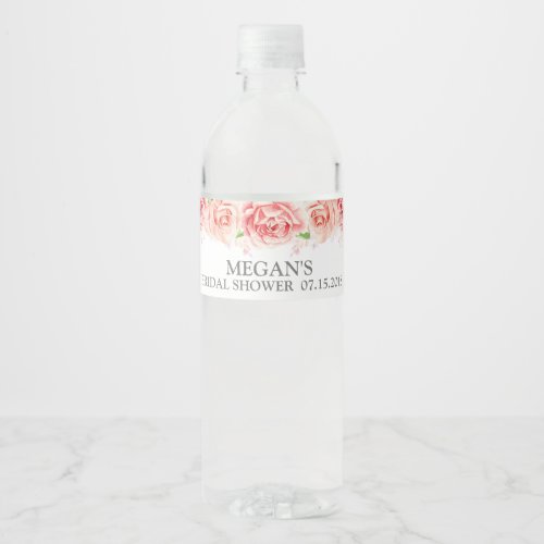 White Pink Watercolor Flowers Bridal Shower Water Bottle Label