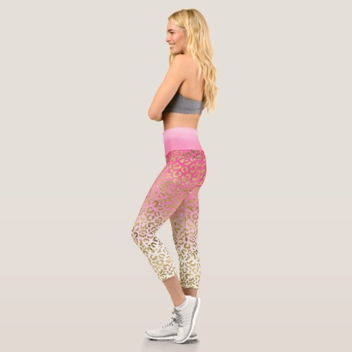 White Pink Watercolor Gold Glam Leopard Print  Capri Leggings