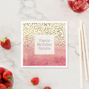 White Pink Watercolor Gold Glam Leopard Print Napkins