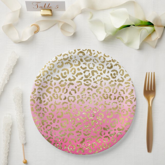 White Pink Watercolor Gold Glam Leopard Print  Paper Plates (Wedding)