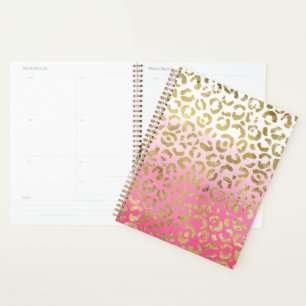 White Pink Watercolor Gold Glam Leopard Print Planner