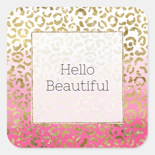 White Pink Watercolor Gold Glam Leopard Print  Square Sticker