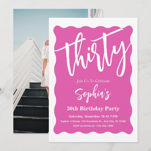 White & Pink Wavy Curve Modern 30th Birthday Party Invitation (Front/Back)