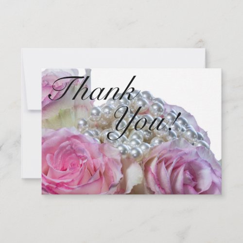 White  Pink Wedding Roses wPearls Thank You Card