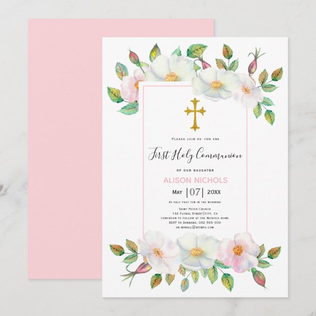 White, pink wild dog rose floral First Communion Invitation (Front/Back)