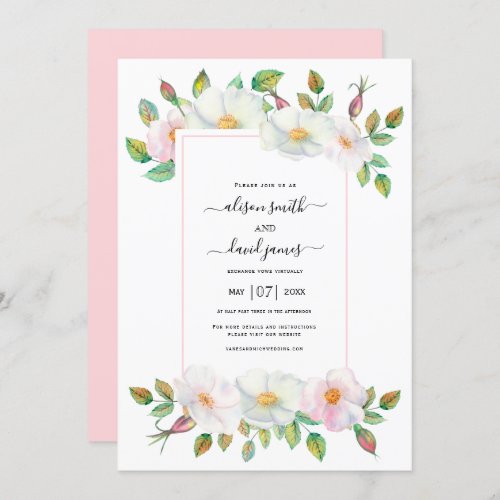 White pink wild dog rose floral virtual wedding invitation