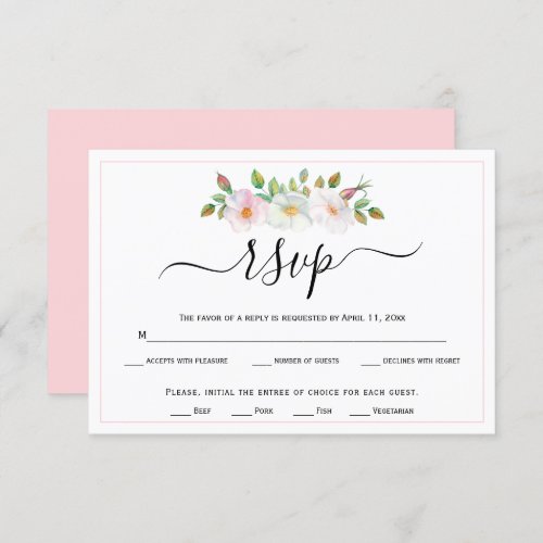 White pink wild dog rose floral wedding RSVP