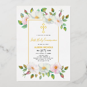 White, pink wild rose floral girl First Holy gold Foil Invitation
