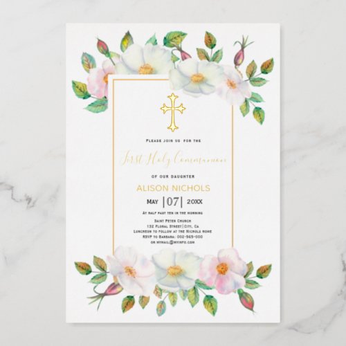 White pink wild rose floral girl First Holy gold Foil Invitation