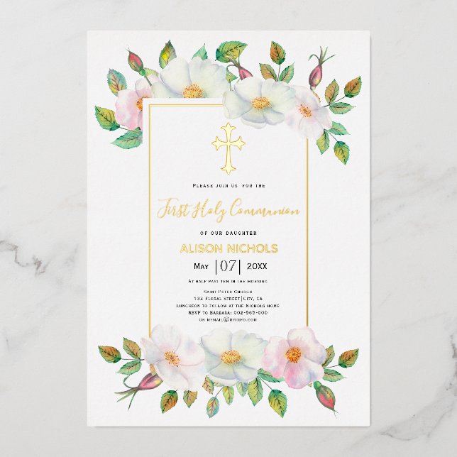 White, pink wild rose floral girl First Holy gold Foil Invitation (Front)