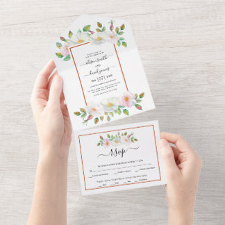 White, pink wild rose floral rust frame wedding  all in one invitation
