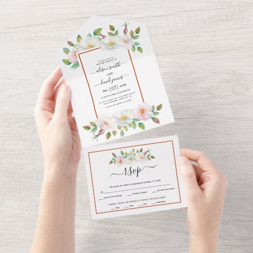 White pink wild rose floral rust frame wedding  all in one invitation