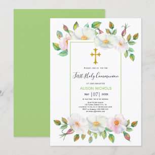 White pink wild roses green floral First Communion Invitation