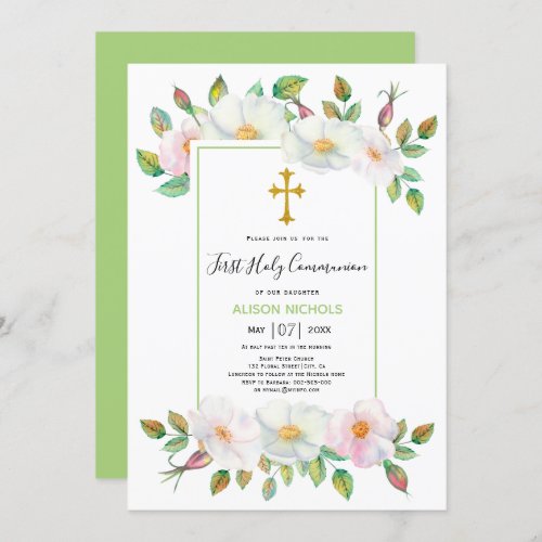 White pink wild roses green floral First Communion Invitation