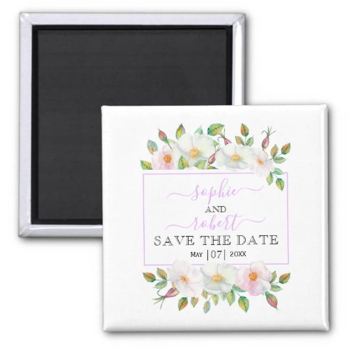 White pink wild roses lavender Save the Date Magnet