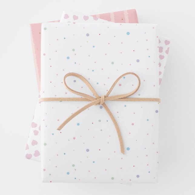 White Pink With Gold Pink Blue Dots Pink Hearts Wrapping Paper Sheets (In situ)